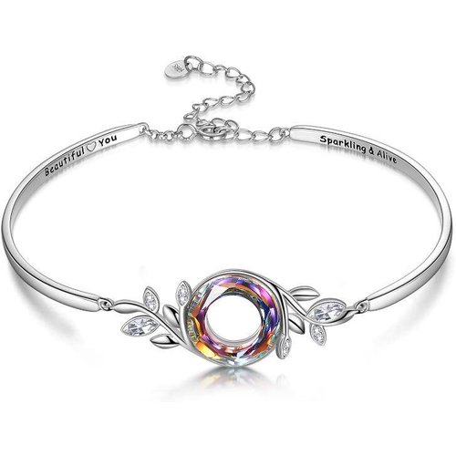 Sterling Silver Crystal Leaves Pendant Bangle Bracelet