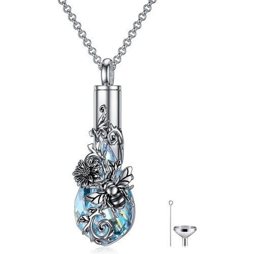 Sterling Silver Drop Crystal Bee & Sunflower Urn Necklace For Ashes