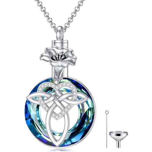 Sterling Silver Crystal Birth Flower & Celtic Knot & Heart Urn Necklace for Ashes