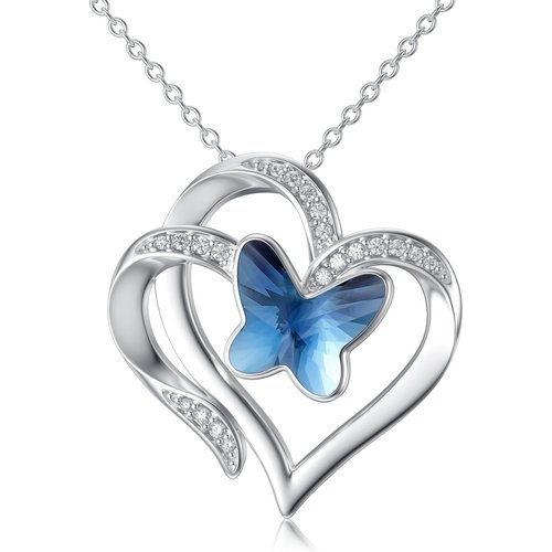 Sterling Silver Crystal Butterfly Double Heart Pendant Necklace