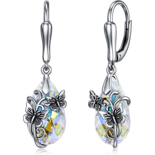 Sterling Silver Crystal Butterfly & Drop Shape Lever-back Earrings