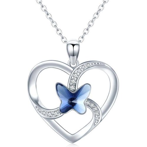 Sterling Silver Crystal Butterfly & Heart Pendant Necklace
