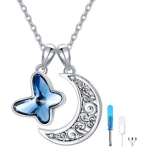 Sterling Silver Crystal Butterfly & Moon Urn Necklace for Ashes