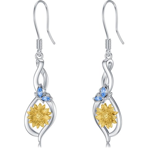 Sterling Silver Crystal Butterfly & Sunflower Drop Earrings