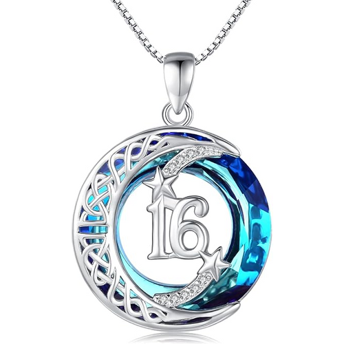 Sterling Silver Crystal Celtic Knot & Moon & Star Personalized Pendant Necklace for Women