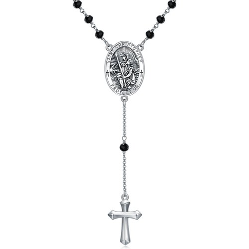 Sterling Silver Crystal Cross & Saint Christopher Non-adjustable Y-Necklace with Engraved Word for Men
