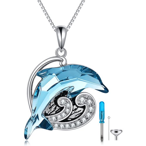 Sterling Silver Crystal Cubic Zirconia Dolphin Spray Urn Necklace For Ashes