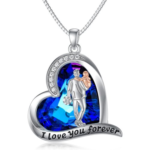 Sterling Silver Crystal Father & Daughter Heart Pendant Necklace with Engraved Word