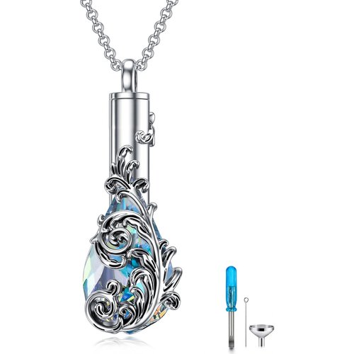 Sterling Silver Crystal Filigree Drop Shape Urn Necklace for Ashes