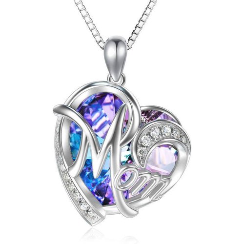 Sterling Silver Crystal Heart Mom Pendant Necklace with Box Chain