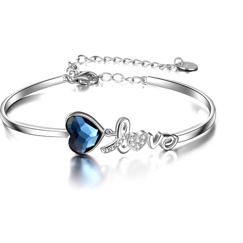 Sterling Silver Crystal Heart Pendant Bangle with Engraved Word
