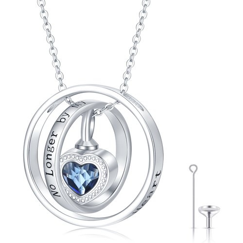 Sterling Silver Crystal Heart With Rotatable Circle Heart Urn Necklace For Ashes With Engraved Word For Women