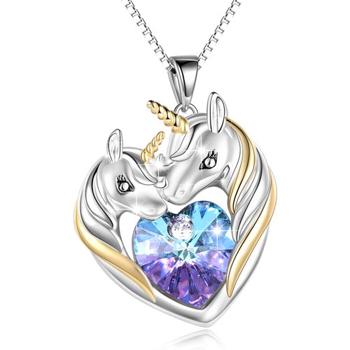 Sterling Silver Two-tone Crystal Heart Unicorn Necklace for Women