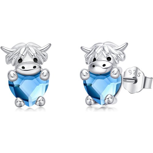Sterling Silver Crystal Highland Cow & Heart Stud Earrings