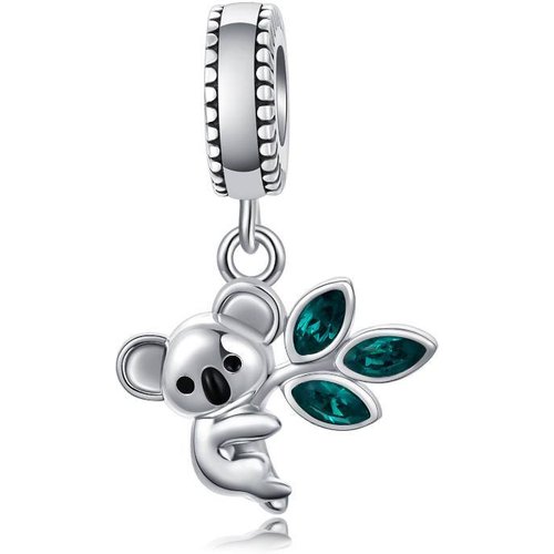 Sterling Silver Crystal Koala & Leaves Dangle Charm