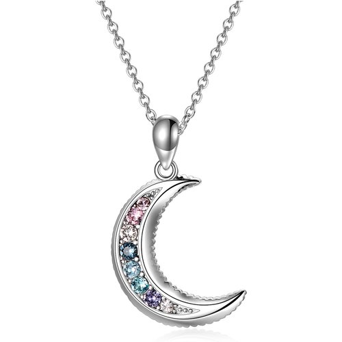 Sterling Silver Crystal Moon Pendant Necklace for Women Girls
