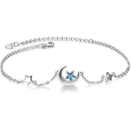 Sterling Silver Crystal Moon & Star Single Layer Anklet