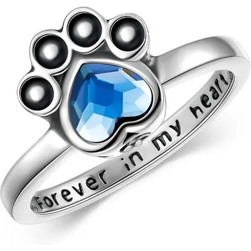 Sterling Silver Crystal Paw Urn Ring for Ashes with Engraved Word