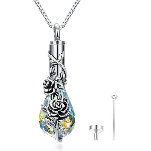 Sterling Silver Crystal Rose & Drop Shape Urn Necklace for Ashes