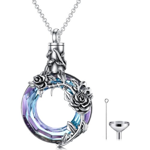 Sterling Silver Crystal Rose & Heart Urn Necklace for Ashes
