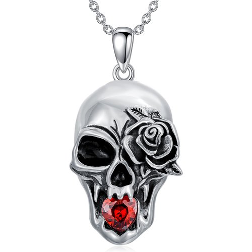 Sterling Silver Crystal Rose & Skull Pendant Necklace