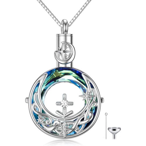 Sterling Silver Round Crystal Virgo & Celtic Knot Moon Urn Necklace For Ashes
