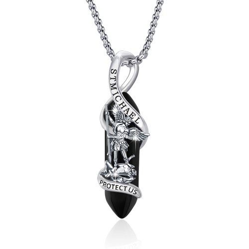 Sterling Silver Crystal Saint Michael Pendant Necklace with Engraved Word
