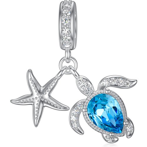Sterling Silver Crystal Sea Turtle & Starfish Dangle Charm