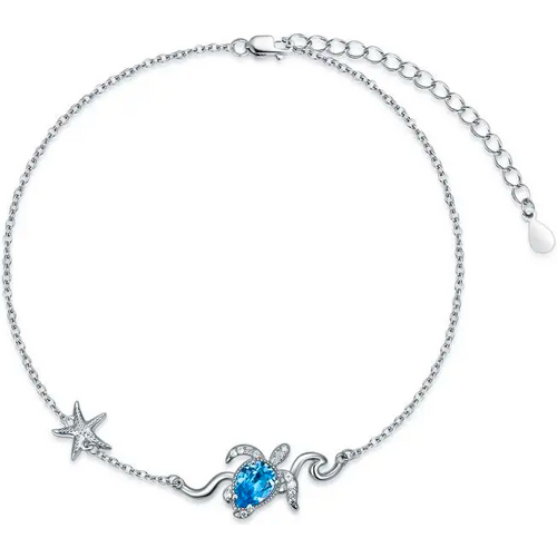 Sterling Silver Crystal Sea Turtle & Starfish Single Layer Anklet