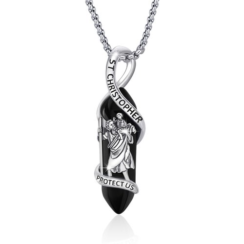 Sterling Silver Crystal St. Christopher Pendant Necklace with Engraved Word