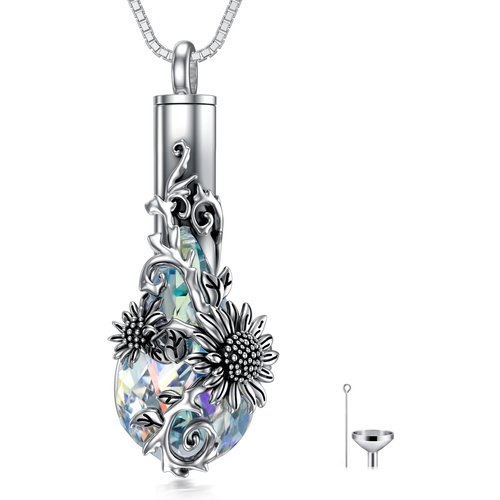 Sterling Silver Crystal Sunflower & Drop Shape Urn Necklace for Ashes