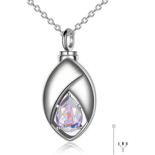 Sterling Silver Crystal Tear Drop Shape Urn Necklace for Ashes