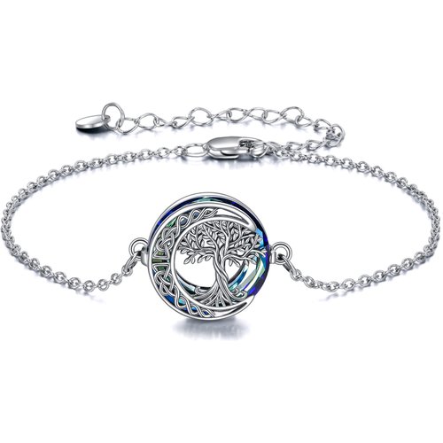 Sterling Silver Round Crystal Tree Of Life & Celtic Knot Moon Charm Bracelet For Women