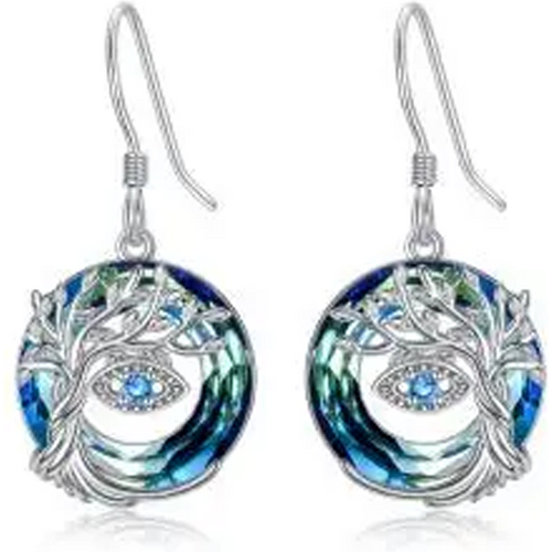 Sterling Silver Crystal Tree Of Life & Evil Eye Drop Earrings
