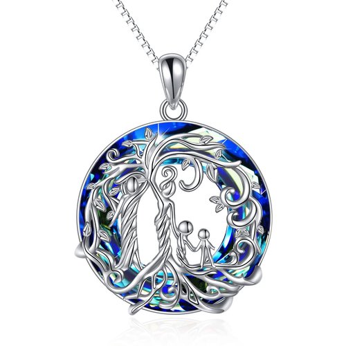 Sterling Silver Blue Crystal Tree Of Life With Mother With Daughter Pendant Necklace For Women