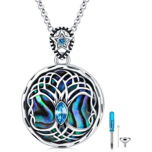 Sterling Silver Crystal Tree Of Life Urn Necklace for Ashes with Engraved Word