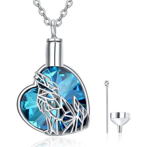 Sterling Silver Crystal Wolf & Heart Urn Necklace for Ashes