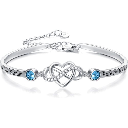 Sterling Silver Crystals Adjustable Infinity Love Heart Bangle Bracelet for Sister Mother Daughter
