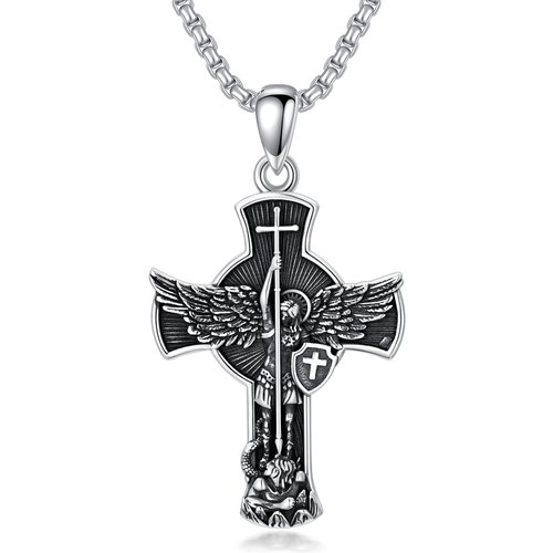 Sterling Silver Diamond Cut Cross & Saint Michael Pendant Necklace for Men