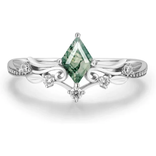 Sterling Silver Diamond Shape Moss Agate Engagement Ring