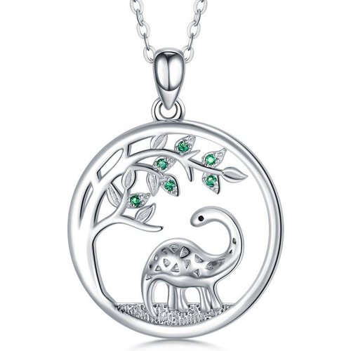 Sterling Silver Cubic Zirconia Dinosaur & Tree Of Life Pendant Necklace