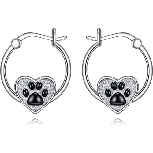 Sterling Silver Dog & Paw & Heart Hoop Earrings