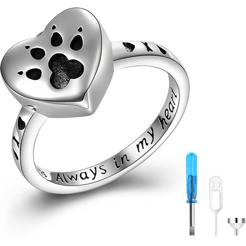 Sterling Silver Dog Paw Heart Urn Ring With Engraved Word For Women