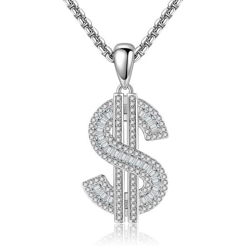 Sterling Silver Cubic Zirconia Dollar Pendant Necklace for Men