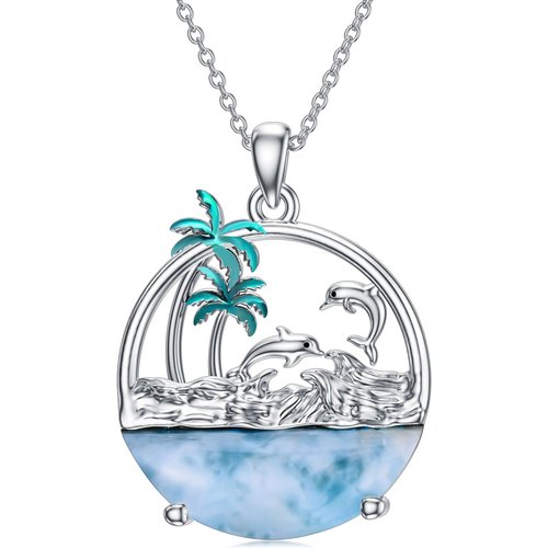 Sterling Silver Cubic Zirconia Dolphin & Coconut Tree Pendant Necklace