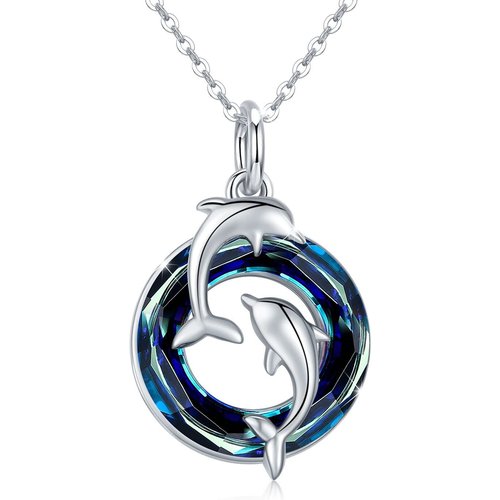 Sterling Silver Dolphin Lovers with Blue Circle Crystal Pendant Necklace