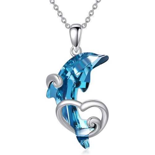 Sterling Silver Dolphin Wave & Heart Crystal Pendant Necklace