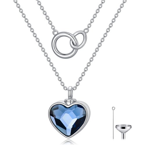 Sterling Silver Double Layer Heart Crystal & Generation Ring Urn Necklace for Ashes