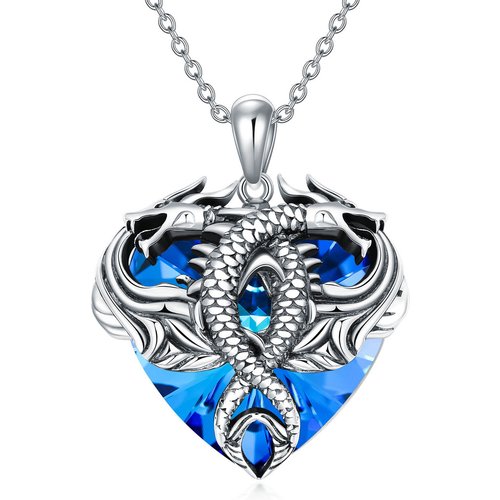 Sterling Silver Dragon Blue Heart Shaped Crystal Pendant Necklace