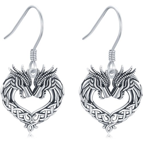 Sterling Silver Dragon & Heart Drop Earrings